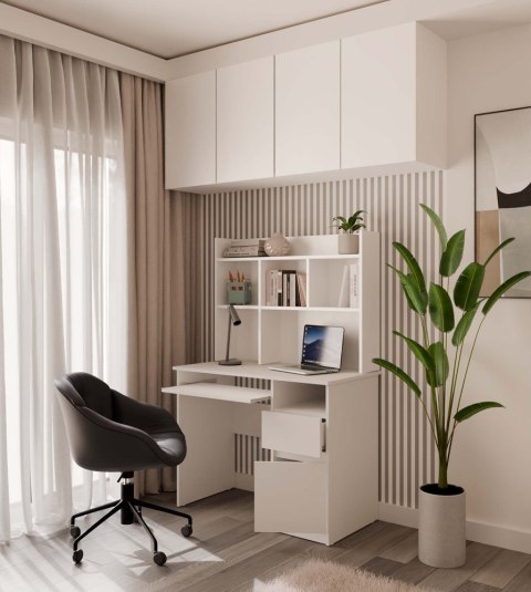 Biurko PORTO Prawe Z Nadstawką Biel Mat Szuflada Półki Do Biura Pokoju