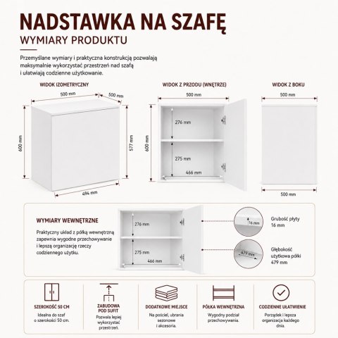Nadstawka Na Szafę SD-50 BIEL Półka 50 cm Do Garderoby Pokoju