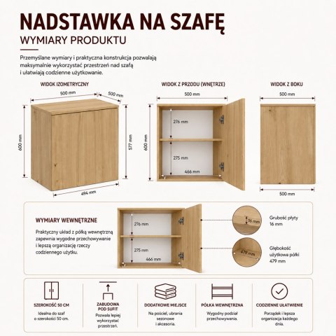 Nadstawka Na Szafę SD-50 DĄB ARTISAN Półka 50 cm Do Garderoby Pokoju