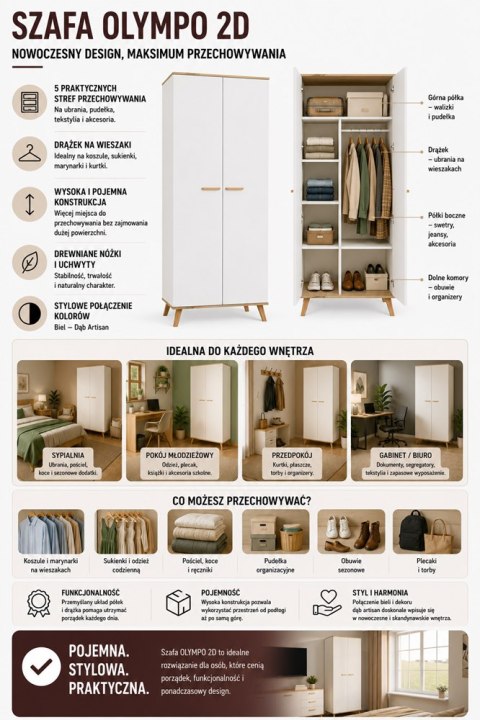 Szafa Ubraniowa OLYMPO 2D BIAŁA DĄB ARTISAN 80 Cm Drążek 2 Drzwi Sypialnia