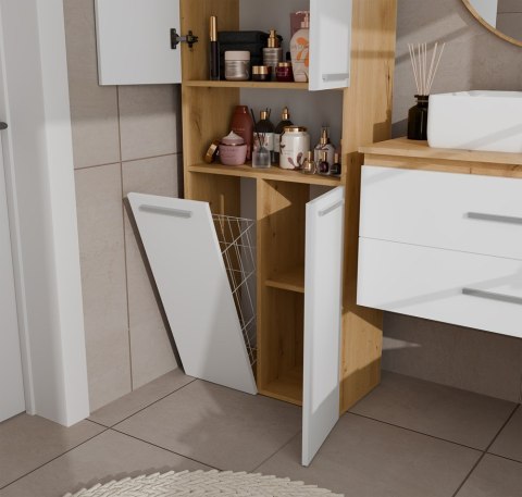 Szafka Łazienkowa NEL 1K DK Regał Słupek z Koszem Na Pranie DĄB ARTISAN / BIEL