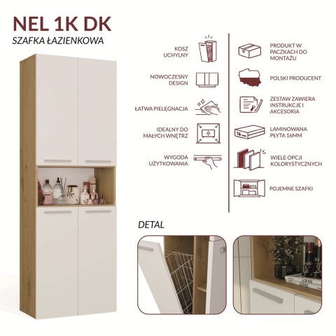 Szafka Łazienkowa NEL 1K DK Regał Słupek z Koszem Na Pranie DĄB ARTISAN / BIEL