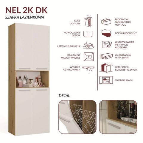 Szafka Łazienkowa NEL 2K DK Regał Słupek 2 Kosze Na Pranie BIEL DĄB ARTISAN