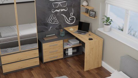 Zestaw BIURKO DANY Narożne ANTRACYT / DĄB ARTISAN + Fotel REMUS BIAŁY